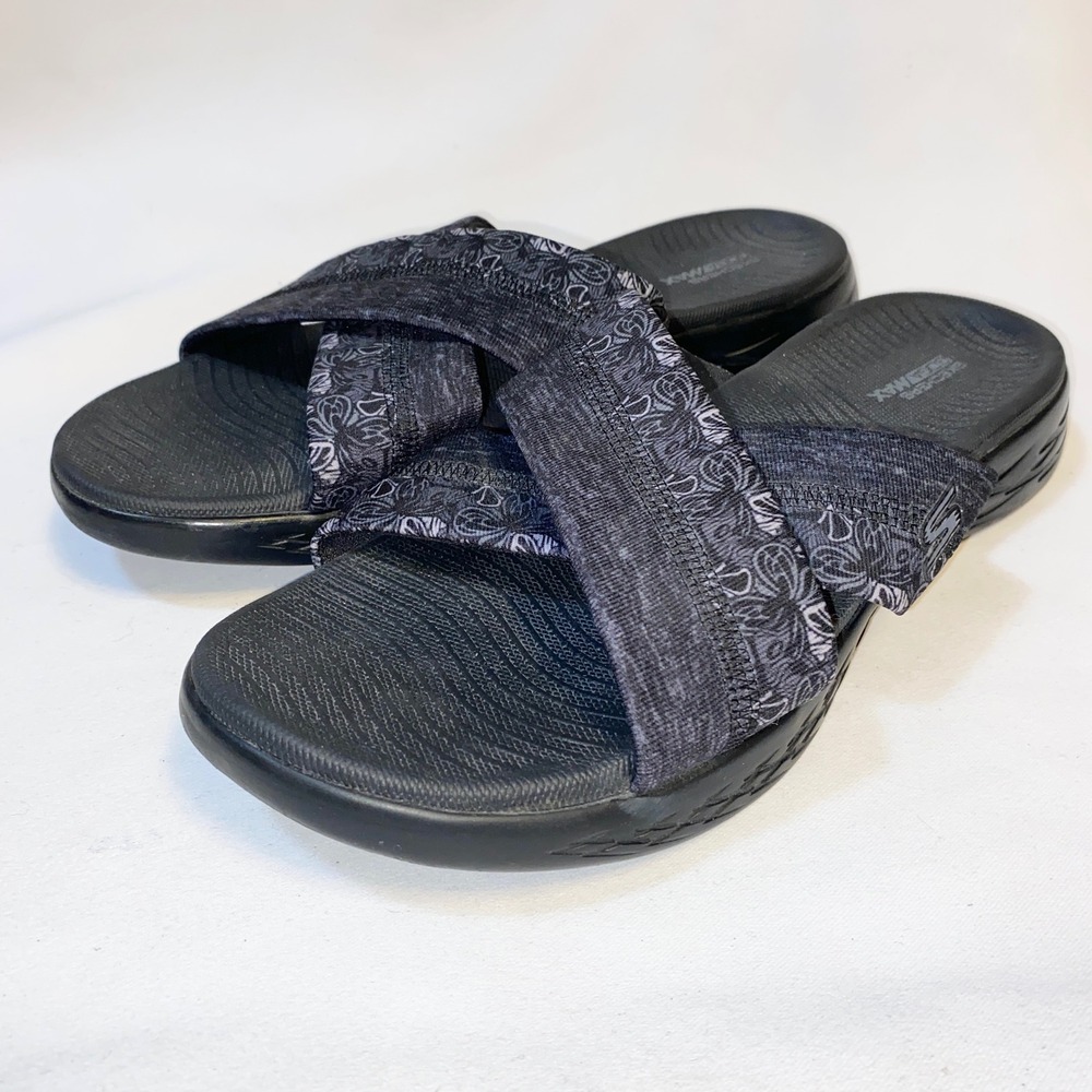 Skechers On-the-GO 600 Goga Max Slides Black Grey Floral Sandals 15306 Womens 11 - Picture 2 of 12